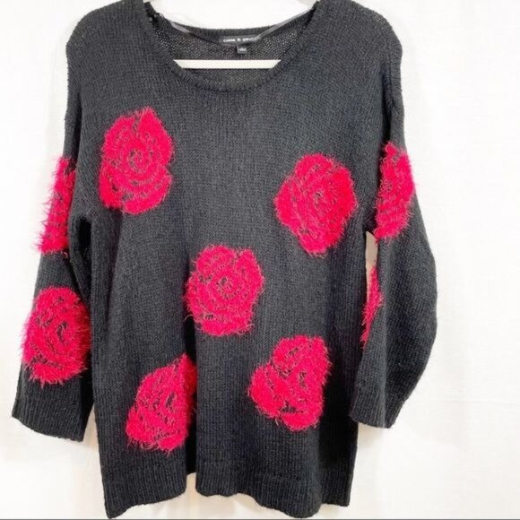 Cable & Gauge Sweater Womens Large Black Red Floral‎ Pullover Comfy - Picture 1 of 11